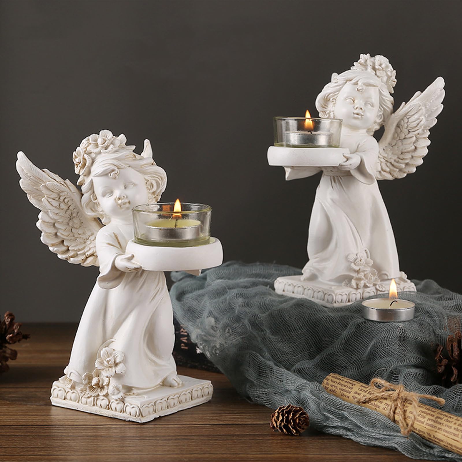2 Graziosi Portacandele A Forma Di Angelo, Portacandele In Resina Bianca Per Centrotavola, Moderno Decoro Natalizio Per Camino E Festa Di Nozze
