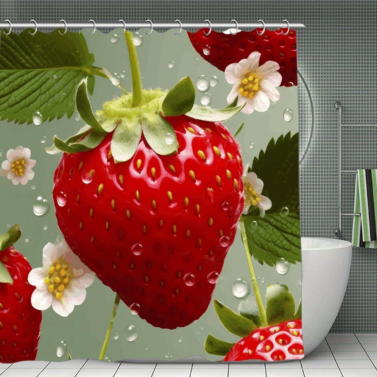 VstaDank Lovely Strawberry Shower Curtain Waterproof Bathroom Curtain with Hooks Luxury Weighted Bath Curtains for Bathtubs Showers Room Dividers Decorative Shower Curtains 71x71 in