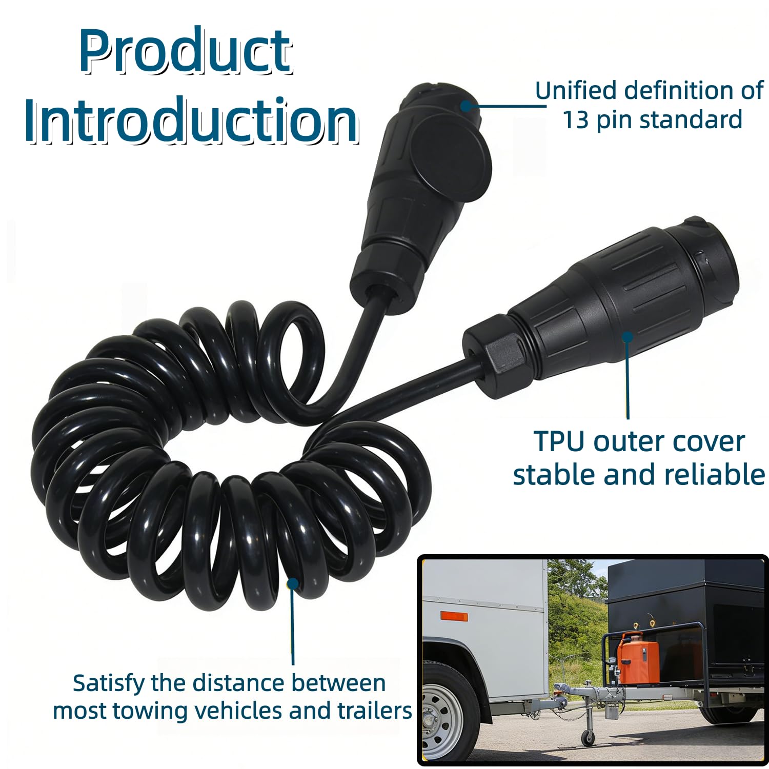 Cable en espiral estándar europeo de 13 a 13 pines, 3M TPU impermeable, cable de extensión para caravanas, remolques y vehículos de remolque