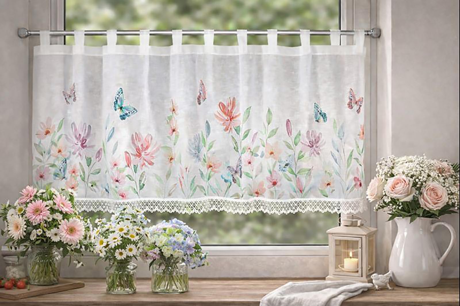 KAMACA Tenda da bistrò con passanti, tenda corta da cucina, trasparente, con passanti in voile, pizzo (altezza x larghezza 60 x 140 cm, Theresia)
