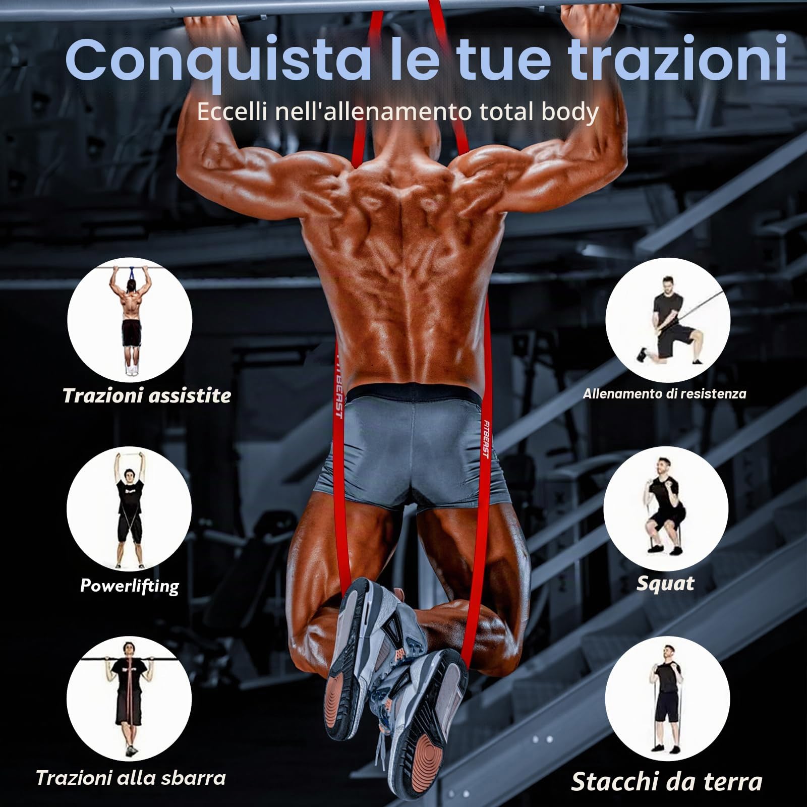 FitBeast Set di fasce di resistenza, 5 diversi livelli, con fibbia per porta e grip pad, ideale per pilates, allenamento, fisioterapia, stretching, yoga, ginnastica domestica (multicolore 5-100 LBS)