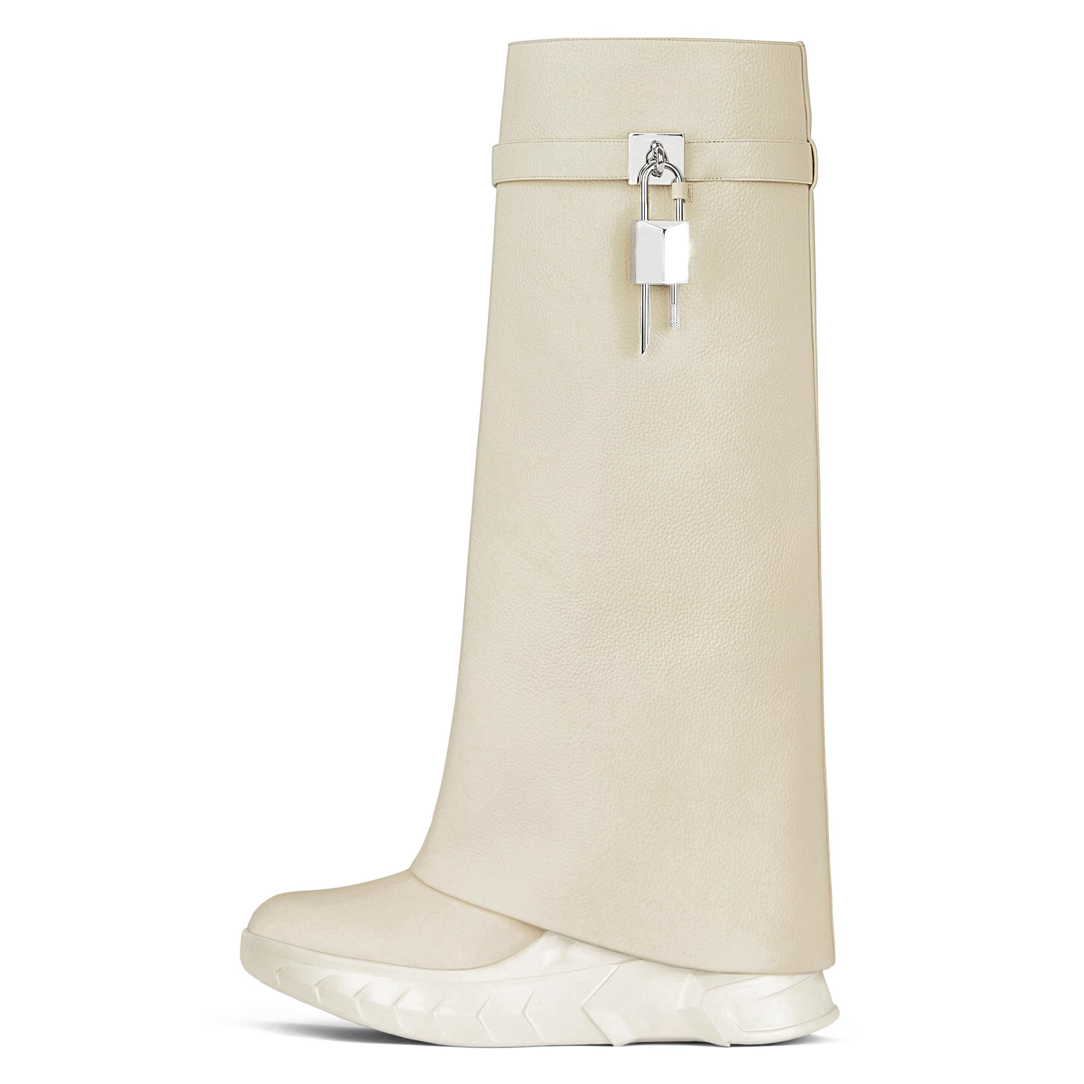 Womens Padlock Ankle Boots Fold Over Boots Platform Wedges Round Toe Mid Calf Biker Boot Fashion Comfort Short