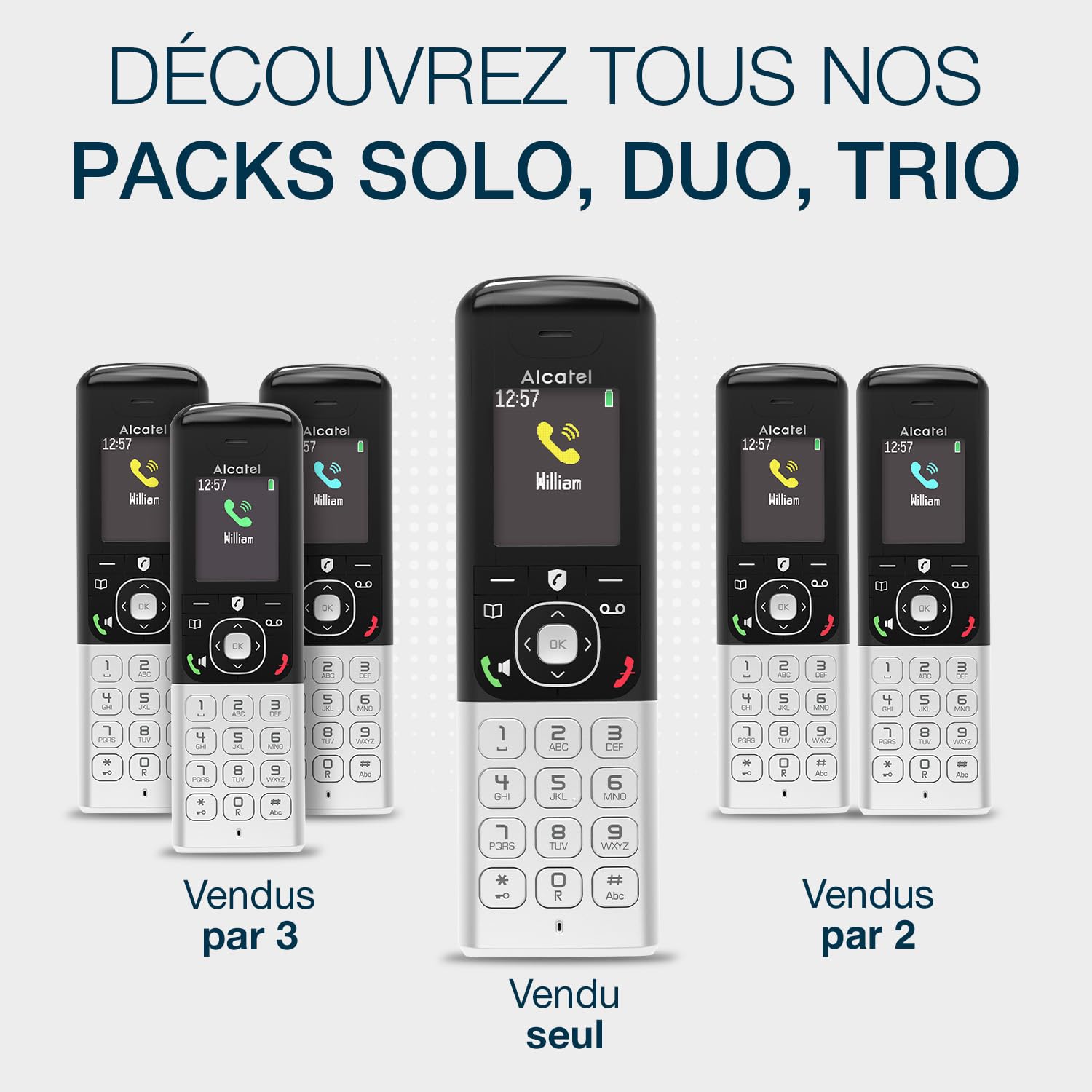ALCATEL FX990 Voice Trio - Téléphone Fixe sans Fil DECT avec Répondeur 50 Min - Écran Graphique Couleur Haute Résolution - Mains Libres - Blocage des Appels - Sonnerie VIP - 3 Combinés - Noir/Gris