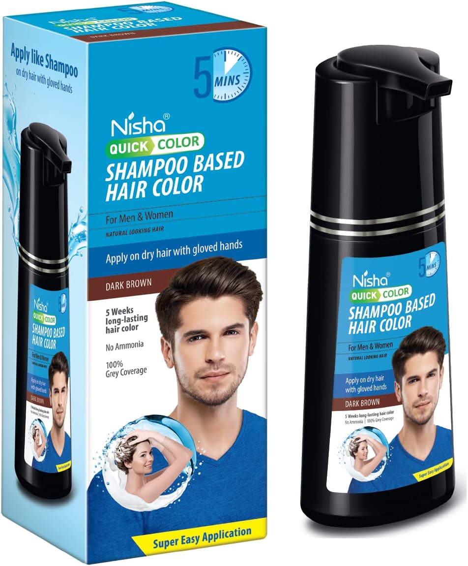 Quick Color Shampoo Hair Color, Ammonia Free, 100% Grey Coverage, Long Lasting Colour Up to 5 Weeks, Easy, Mess-Free Use for Men & Women, Dark Brown (180ml)