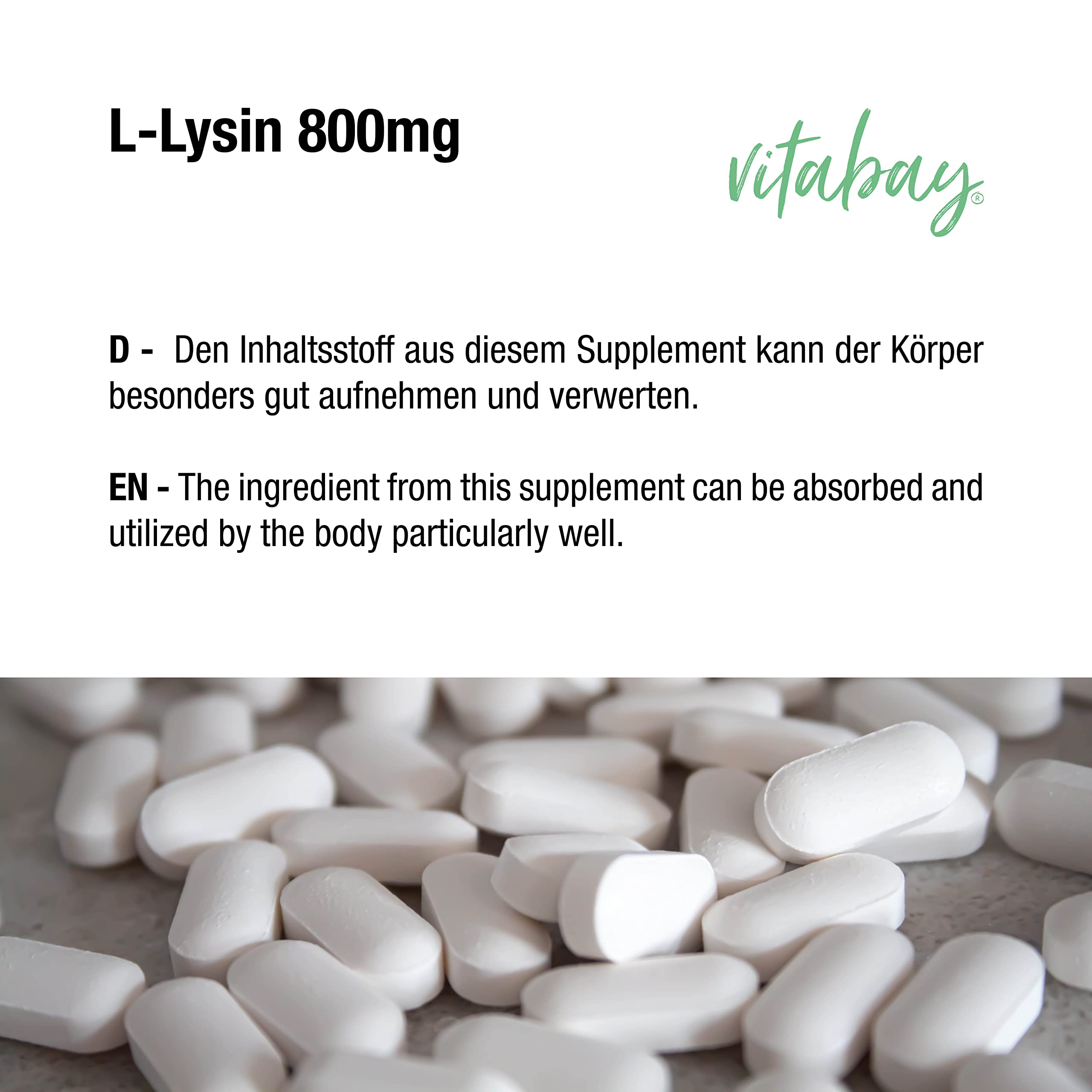 Vitabay Lisina ad alto dosaggio 800 mg – 180 compresse di L-lisina Vegan & Laboratorio – Aminoacido essenziale lisine capsule – senza additivi indesiderati