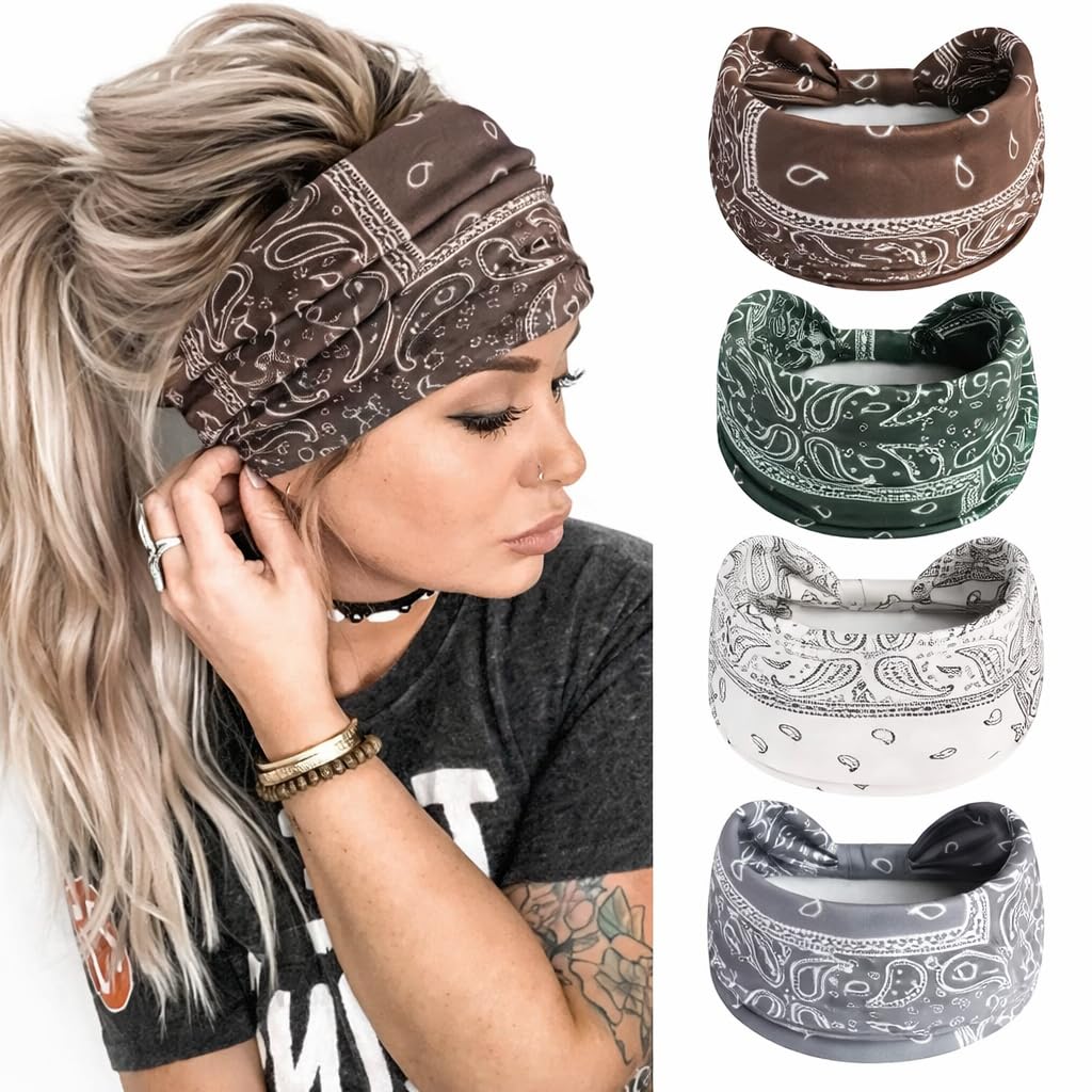 9 PCS Boho Bandana Headbands for Women – Wide Elastic Turban Hair Wraps, Stretch Knotted Yoga Headbands, Assorted Paisley Floral Prints