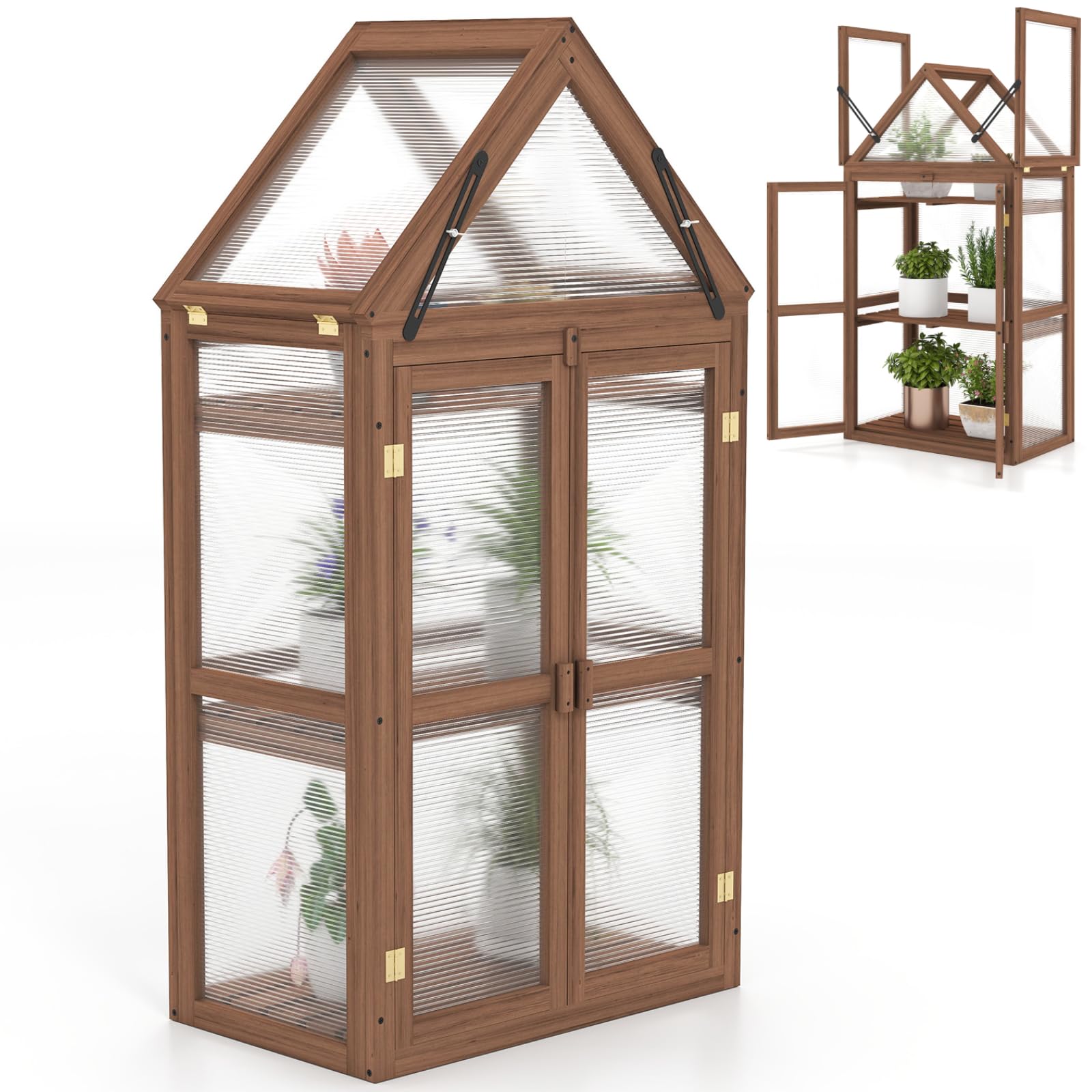 TANGZON Garden Wooden Greenhouse, 3-Tier Cold Frame with Open Roof, Double Doors & Detachable Shelves, Outdoor Spire Galvanized Flower Plant Seed Herb Grow House for Patio Courtyard