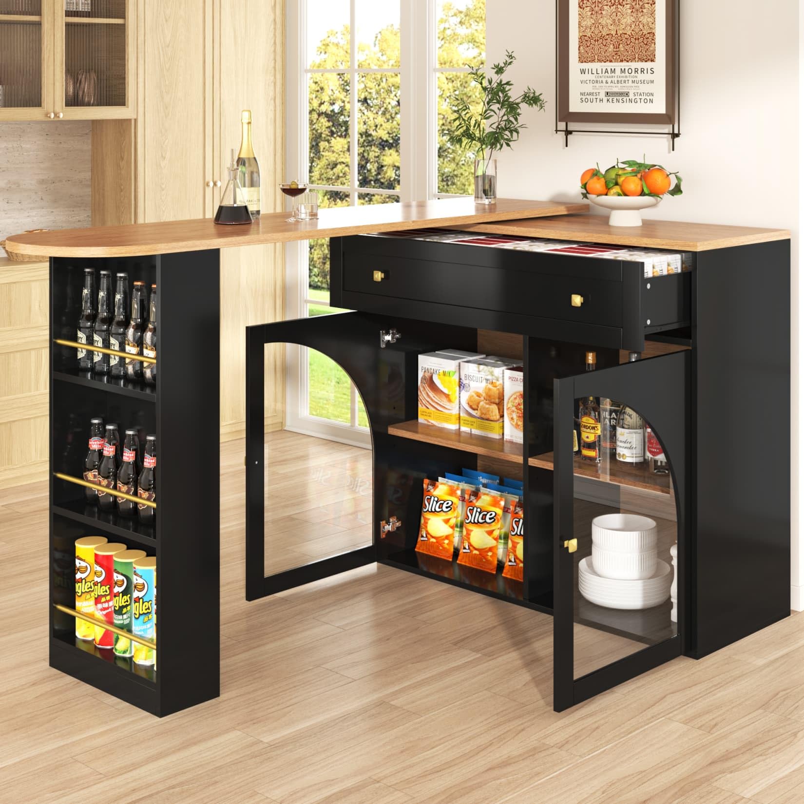 PUGSDRLY Table de Bar Extensible avec Espace de Rangement,Table Bar Cuisine Pivotant à 360°,2 Porte en Verre et 1 Tiroir,Compartiment Ouvert,Comptoir de Cuisine (D, Noir)