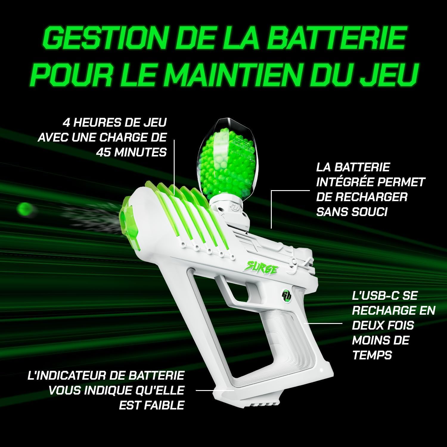 Gel Blaster The Original Surge - Blaster à Billes de Gel Haute Performance | Modes Semi-et Automatique | 10 K de Tours, portée de 30 mètres | Autonomie de la Batterie de 4 Heures | À partir de 14 Ans