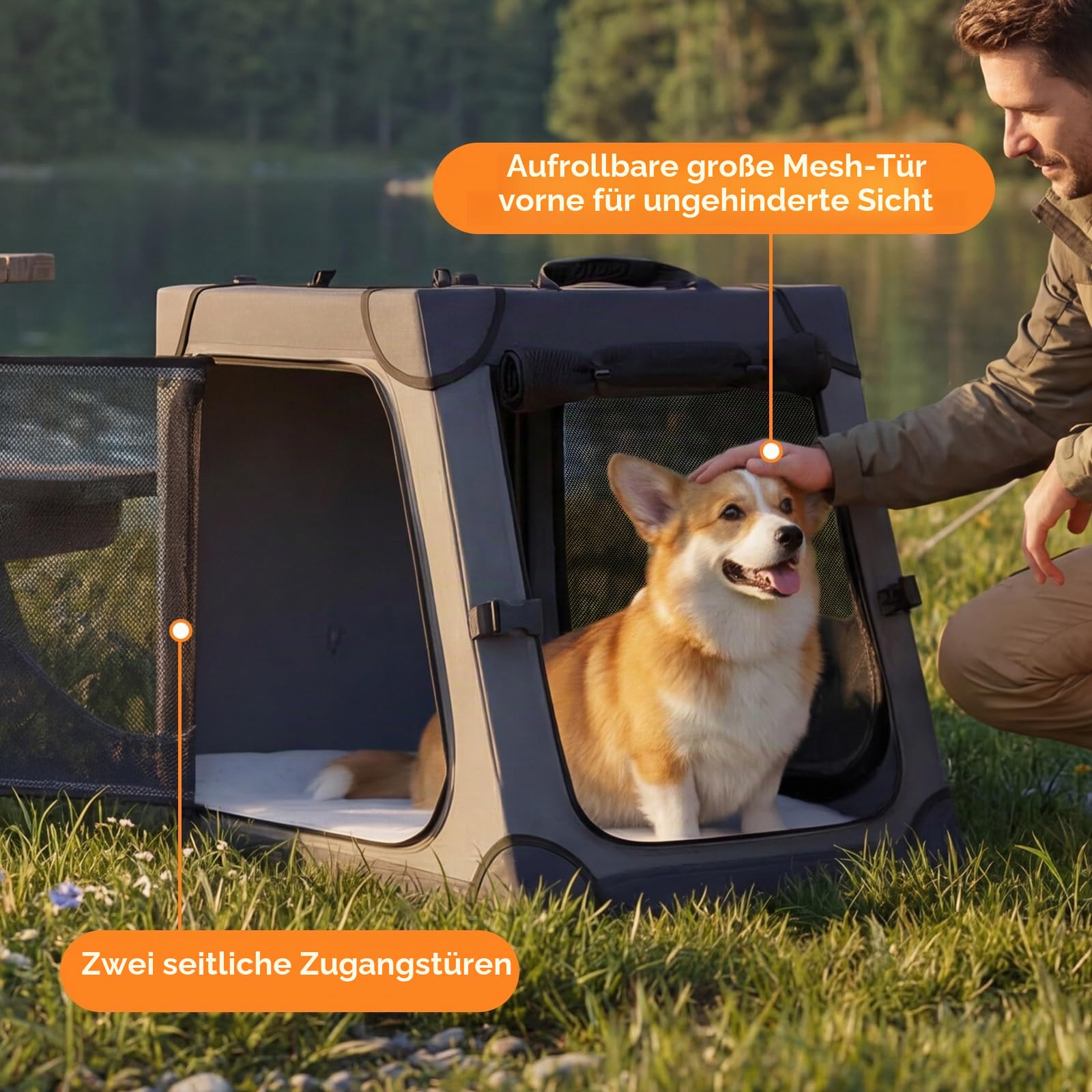 Snagle Paw Tragbare Hundebox für Autoreisen, Metallrahmen-Haustierkäfig, Haustier-Transportbox für Auto-Rücksitz, befestigt mit Kopfstützengurt und Sicherheitsgurt, L, Grau
