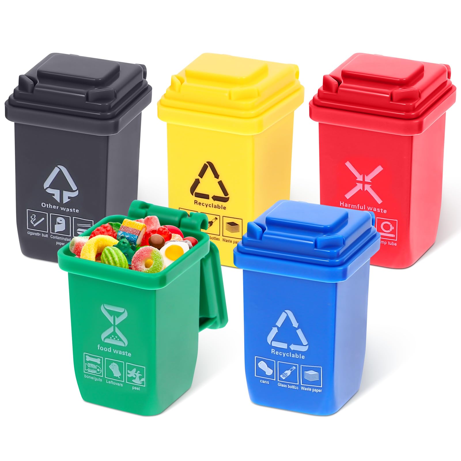 1:12 Scale Mini Wheelie Bin: 5Pcs Colourful Miniature Sorting Trash Can Model - Dollhouse Recycling Bin with Lids - Tiny Vehicle Garbage Cans Toy for Micro Scene Ornament, Random Style