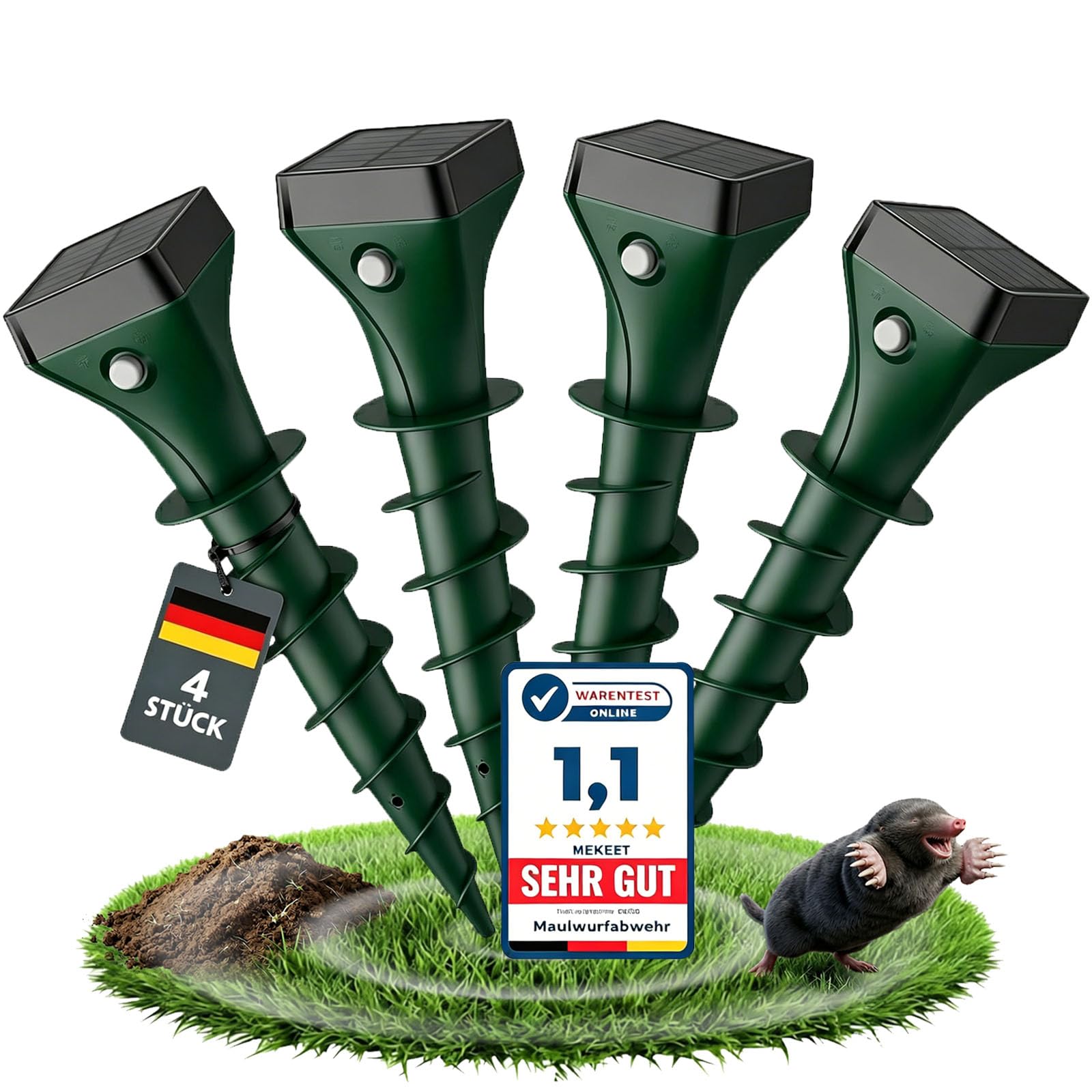 MEKEET Maulwurf Vertreiber 4er, Solar Ultraschall Maulwurfschreck, egen Nagetiere, Maulwürfe, Wühlmäuse, doppelt weich gepolsterter Griff, hochreflektierend, für Welpen und mittelgroße Hunde