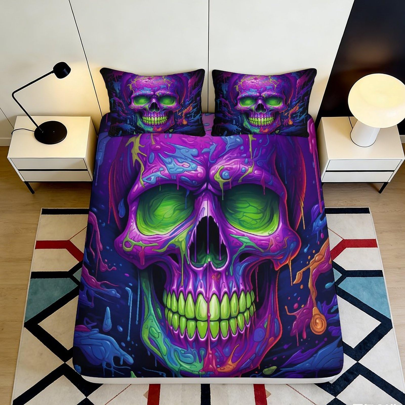 Pnayamiorkfel Style-1 3D Printed Neon Skull Fitted Sheet Microfiber Vibrant Purple Green Mattress Cover For Bedroom Dorm Decor Protection 90X200x25cm