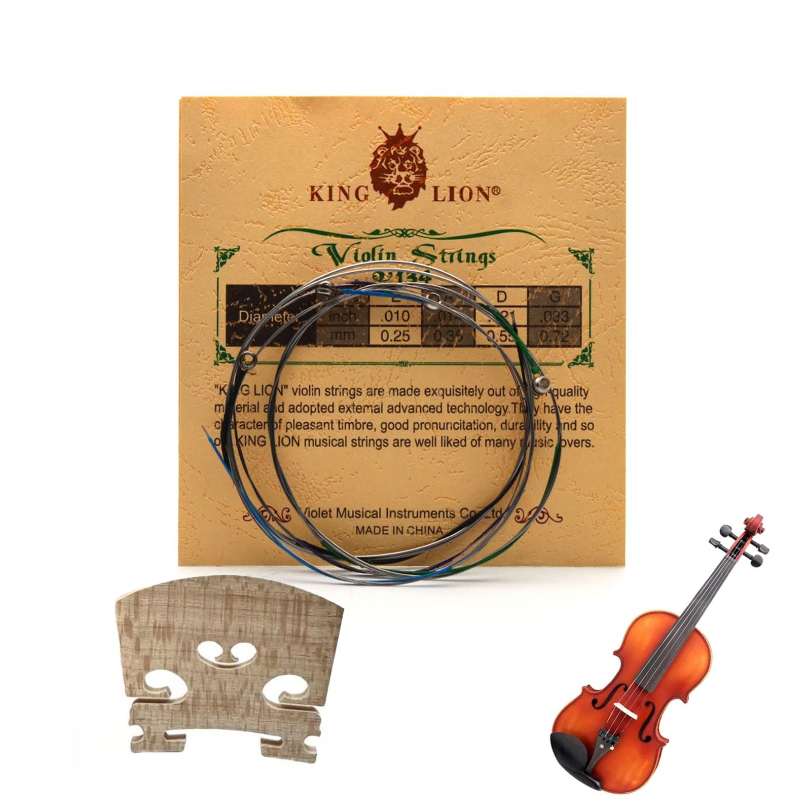 QGK Ensembles Cordes Violo (E-A-D-G) pour Violons 4/4, 3/4, 1/2, Avec Chevalet de Violon, cordes de violon universelles Jeu complet de cordes en acier à âme