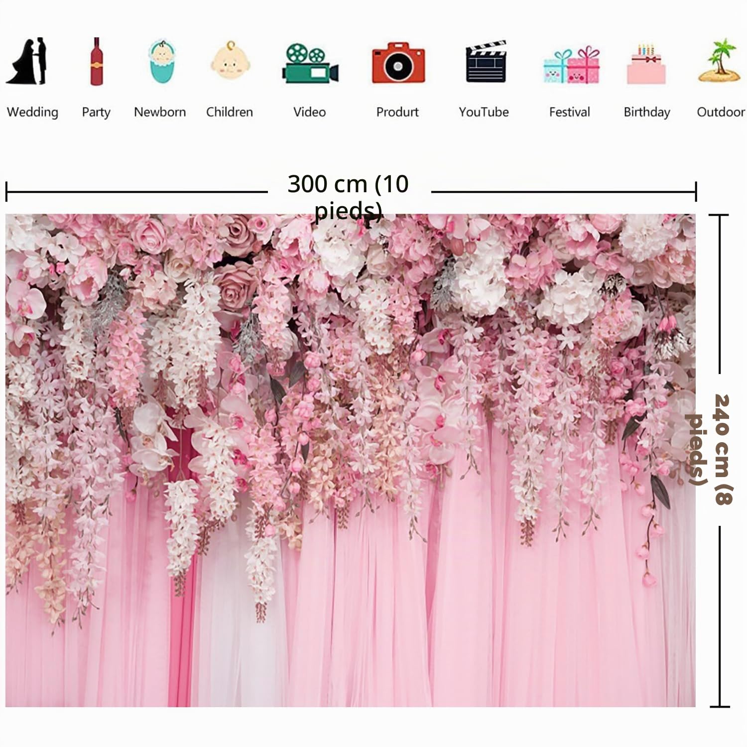 3x2.4m Toile de Fond Mur de Fleurs Rose Rideau Photographie Florale Fond Filles Rose Douche Nuptiale Mariage Anniversaire Fleurs Bébé Fille Bébé Shower Décorations Bannière Photo Booth Props