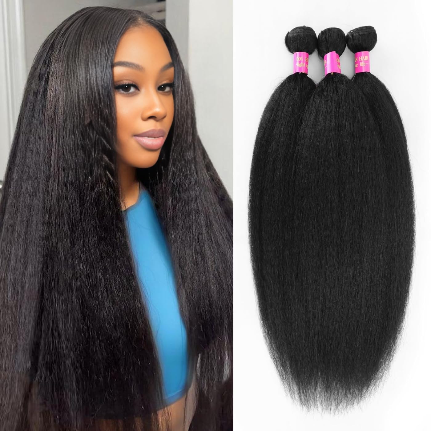 Kinky Straight Bundles 20 22 24 Inch Yaki Straight 3 Bundles Human Hair 12A 100% Unprocessed Brazilian Virgin Human Hair For Black Women Natural Black