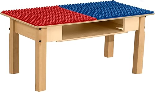 Contender Time-2-Play - Mesa de juego de lujo compatible con duplo de madera dura roja y azul para niños con almacenamiento, escritorio de