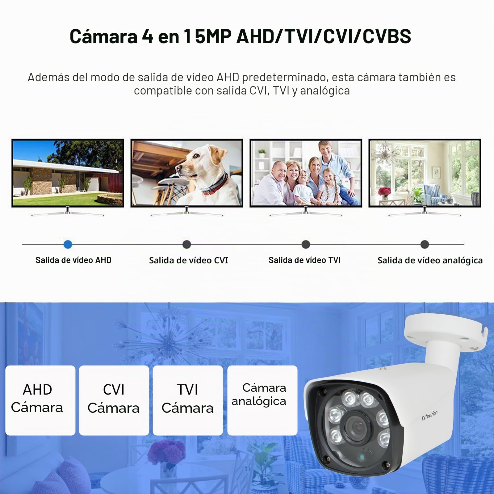 Cámara de Seguridad 5MP Bala AHD/TVI/CVI/CVBS 4-en-1, Cámara de Vigilancia Analógica IP67 Impermeable Uso Interior y Exterior, Visión Nocturna 100Pies IR