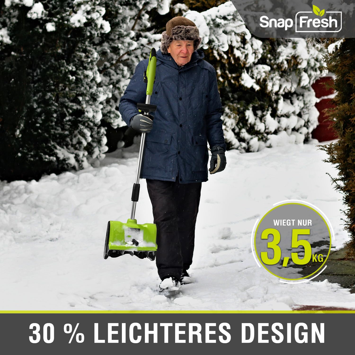 SnapFresh Schneefräse Akku 20V mit 4,0Ah & Ladegerät – Ultra-leicht nur 3,5 kg | 30 cm Räumbreite, 10 cm Schneehöhe, bis 4,5 m Auswurf | 60° verstellbarer Auswurfkanal | Ideal für Gehwege & Einfahrten
