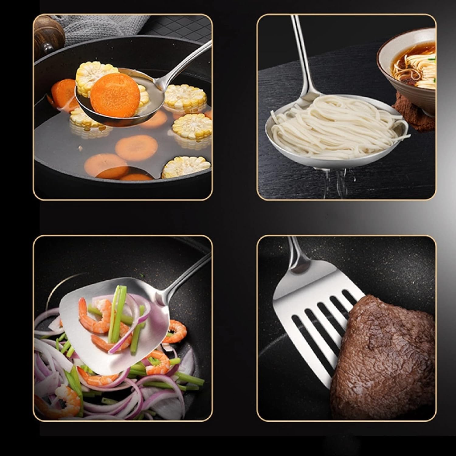 Juegos de utensilios de cocina Juego de utensilios de cocina, juego de utensilios de cocina, espátula wok de acero inoxidable con mango largo, espátula ranurada, cuchara de arroz, cucharón, juego de 4