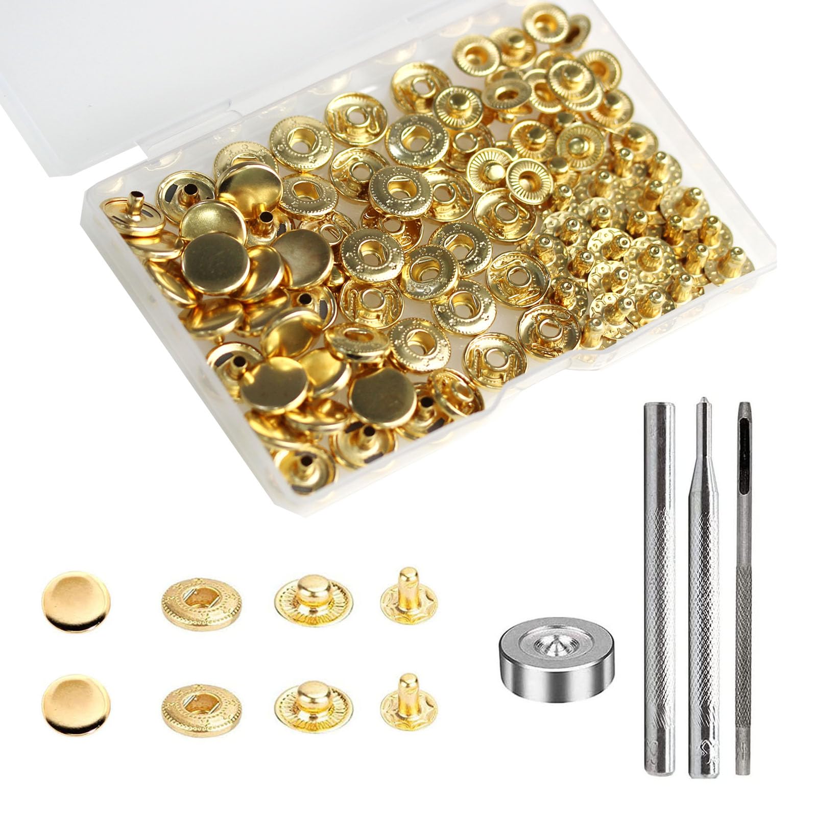 24 Sets Heavy Duty Leather Snap Fasteners Kit, BetterJonny 12.5mm Metal Snap Buttons Press Studs Leather Rivets Snaps with 4 Setter Tools for Clothes Bracelet Jackets Jeans Gold — image 1