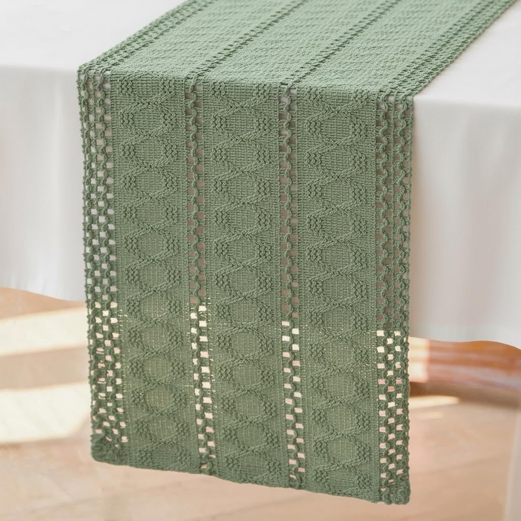 Tafelloper, groen, salie, boho, rustiek macramé, katoen en