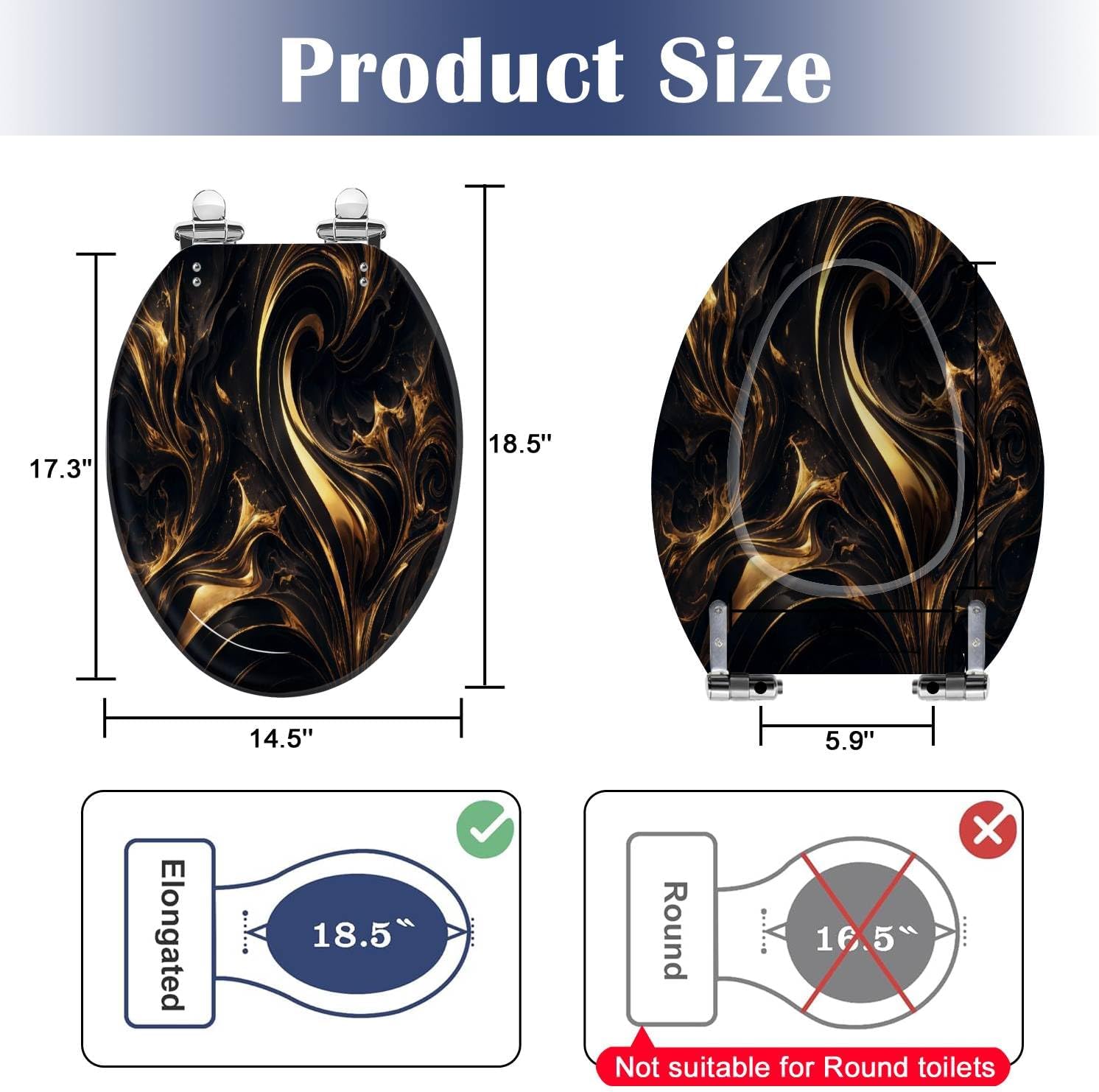 Elongated Toilet Seat Abstract marble fluid art painting alcohol ink style a black gold Resin Toilet Seat Slow Quiet Close with Quick-Release Hinges Toilet Seat with Cover Easy to Clean Install