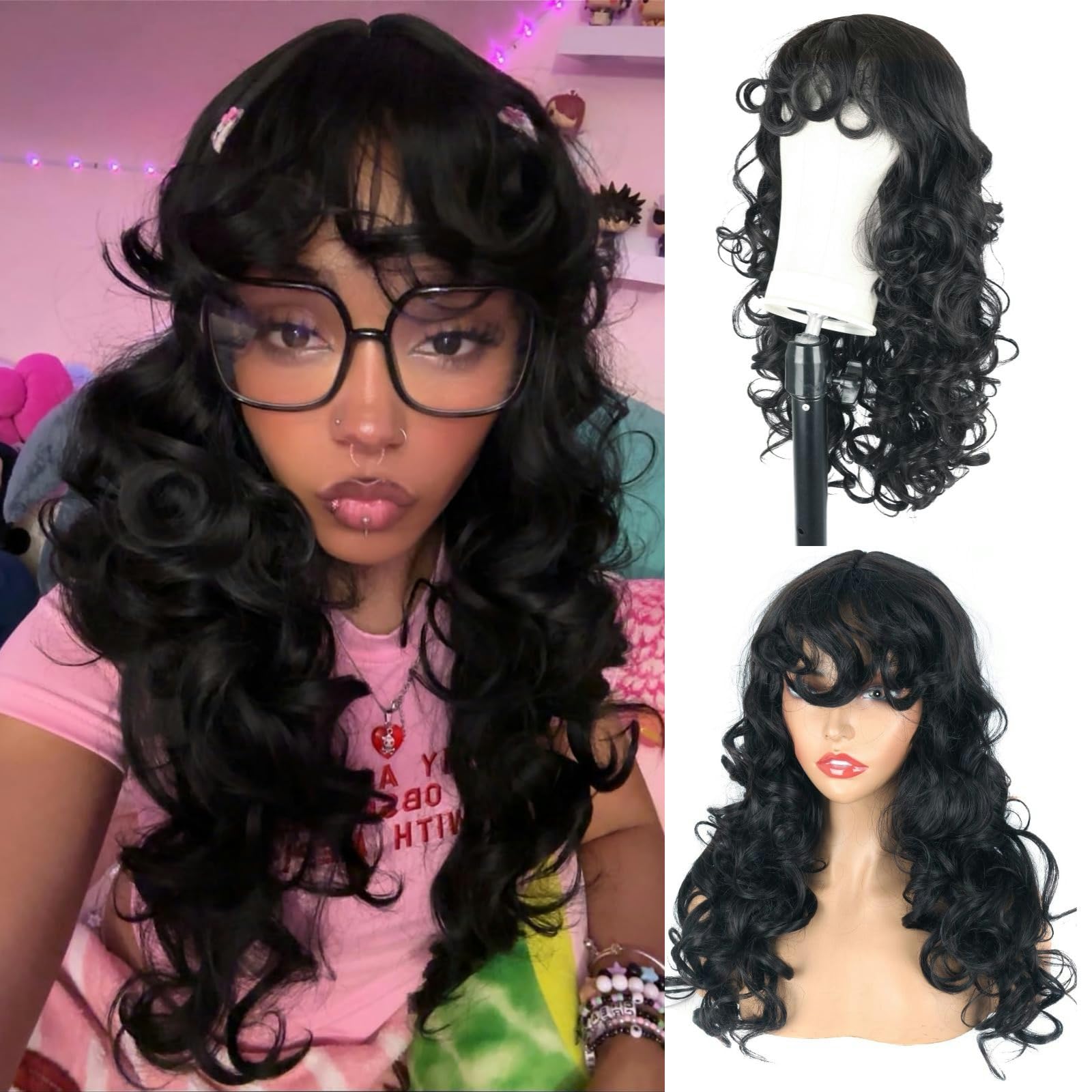 ?️ Silky Long Black Hair With Bangs Wig Amazon.com : LONAI Curly Wigs Long Curly Wigs with Bangs for  main image 3