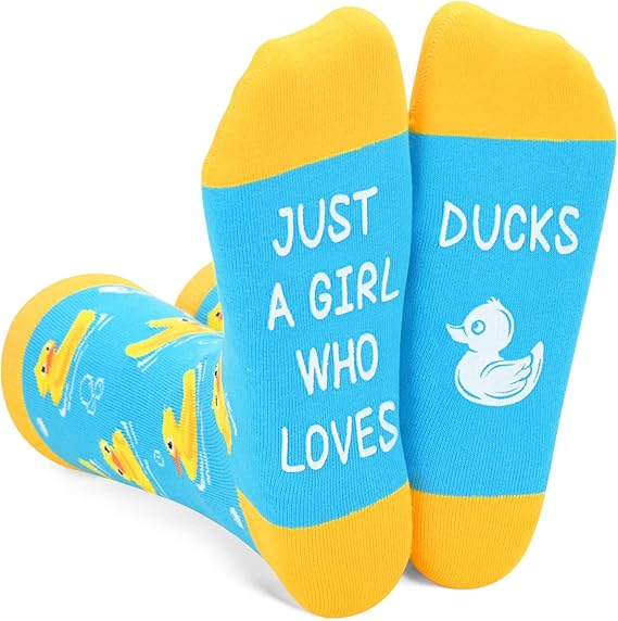 yellow socks with turquoise duck designs.