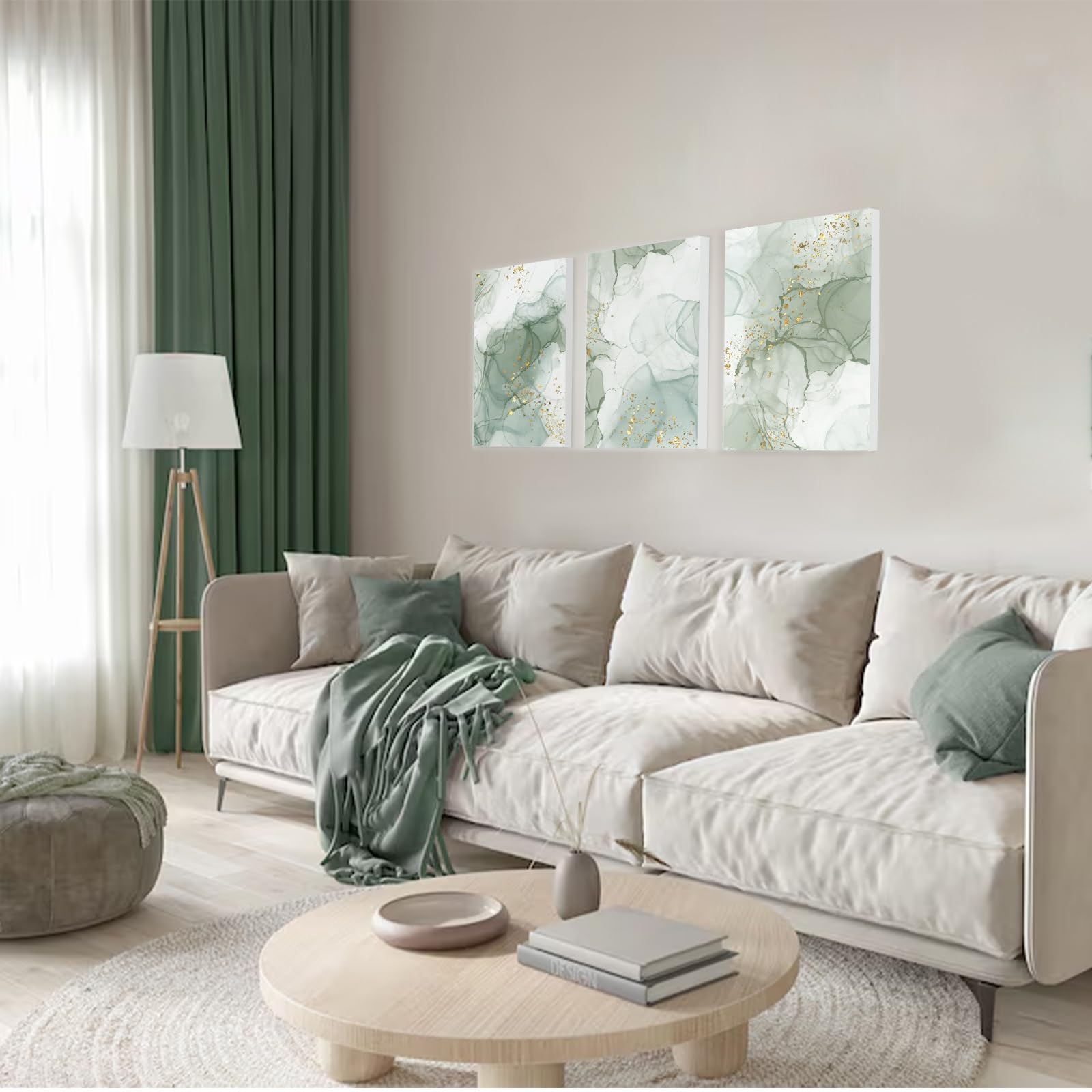 Amazon.co.jp: TWNSLLA セージグリーン抽象ウォールアート3個セット