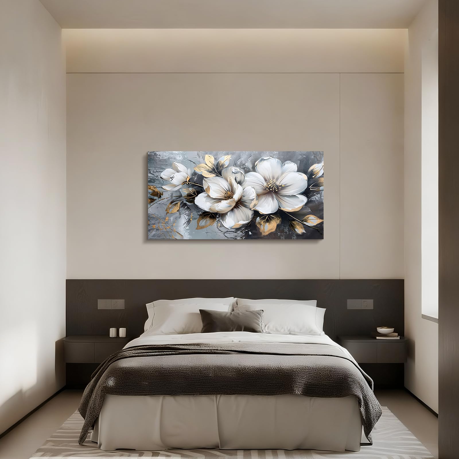 JHHUAMO Leinwand Bilder Groß, Modernes Wohnzimmerbilder, Weißer Blumen Ölgemälde, Wanddekoration Ästhetisches für Schlafzimmer Büro Treppe Esszimmer Arbeitszimmer Flur 59x119 cm