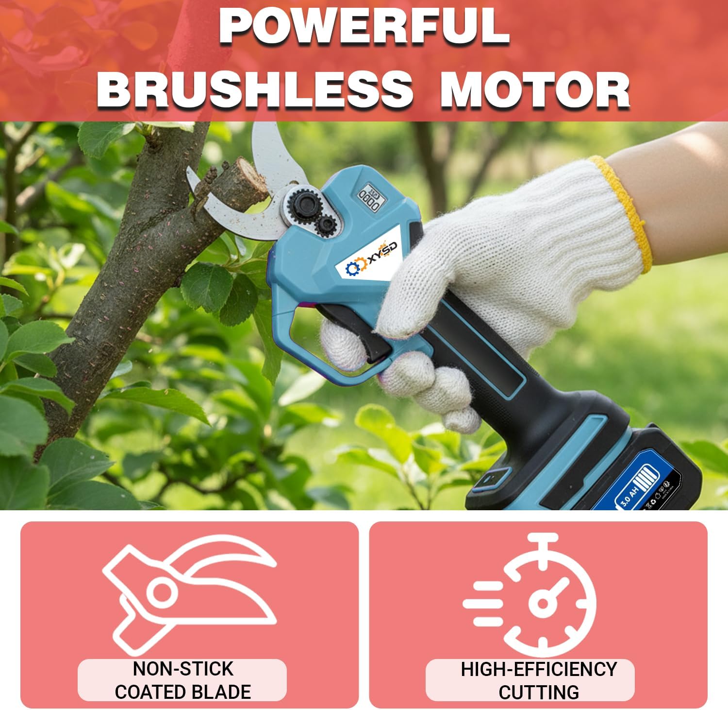 21V Electric Pruning Shears Cordless, Brushless Electric Pruner, 1.96'' Cutting Diameter Portable Cordless Power Shears with LCD Display＆SK5 Blades for Gardening Tree Trimming (Blue)