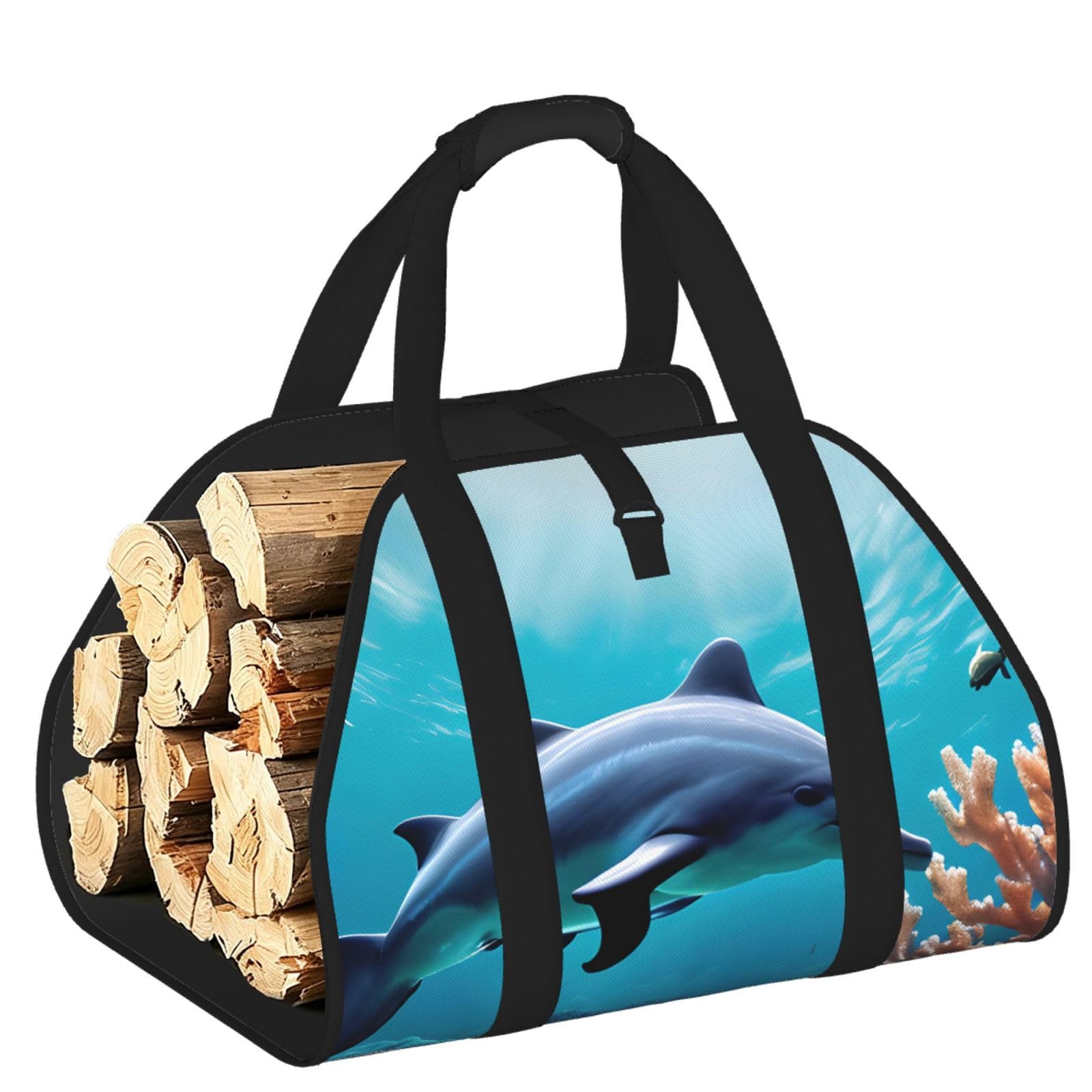 Beautiful Underwater World Dolphins Coral Printed Firewood Carrier Bag, Log Tote with Open-Ended Design for Camping Outdoor Wood Hauling