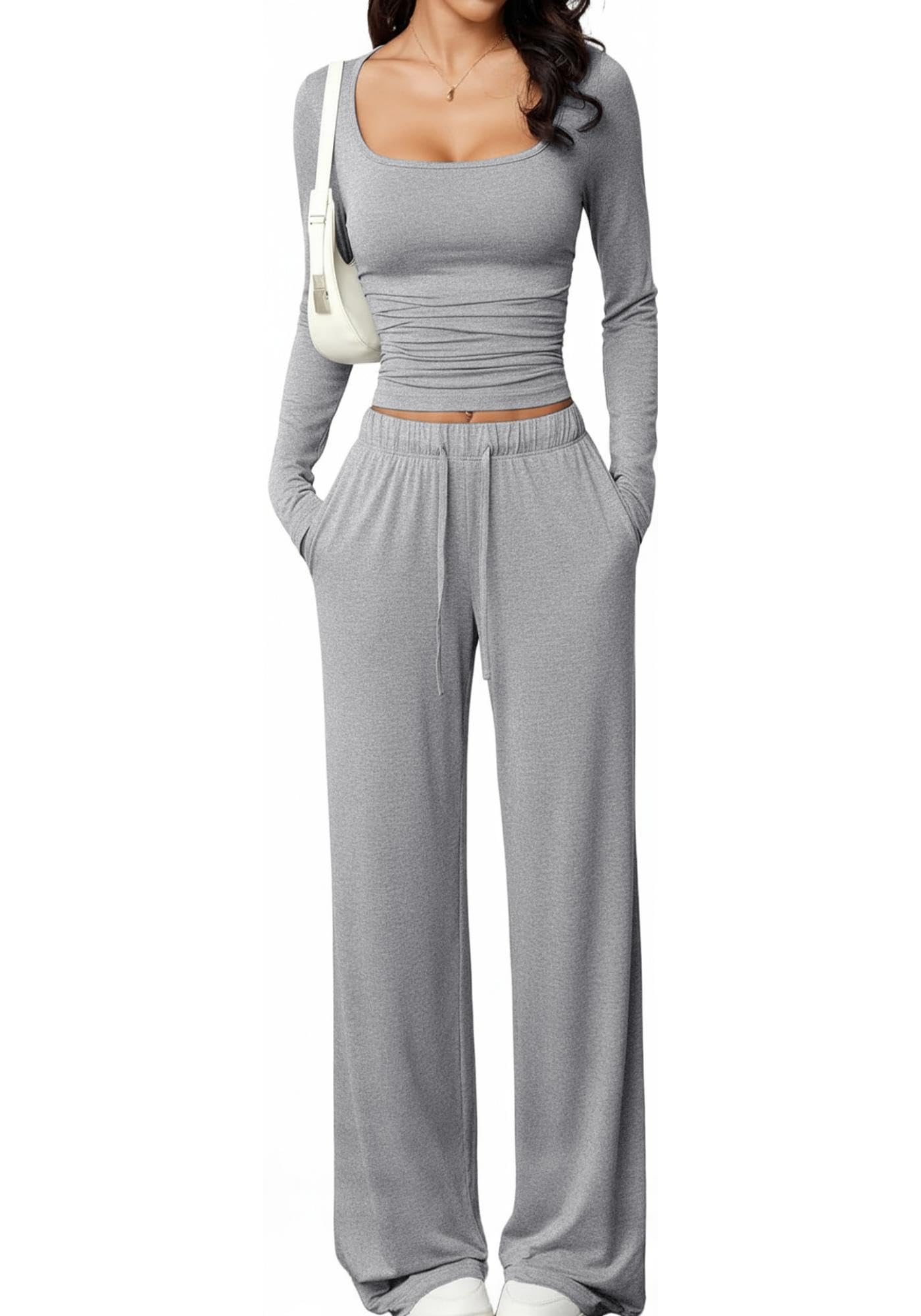 TDCoool Women's 2 Piece Matching Lounge Set Long Sleeve Top Wide Leg Pants 2026 Travel Vacation Airport Outfit