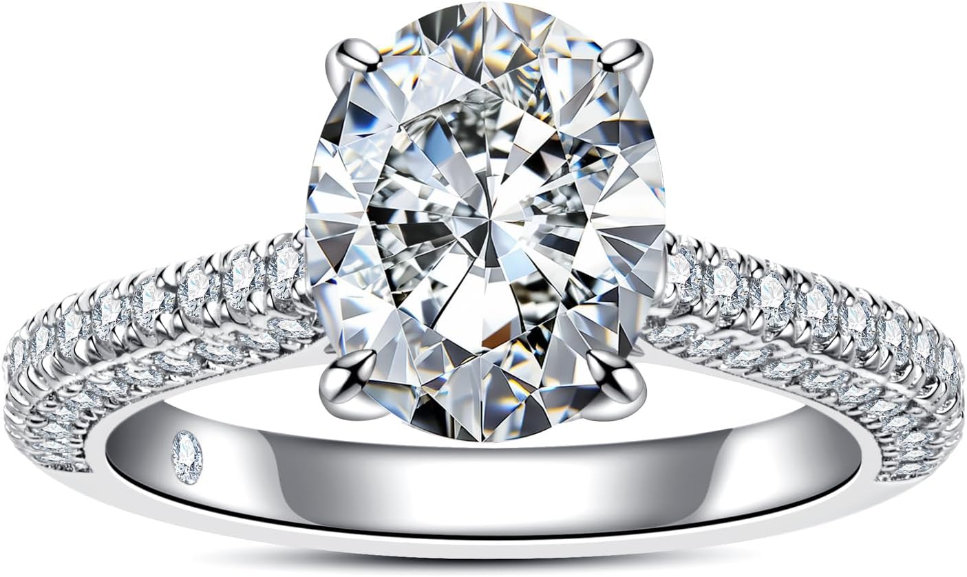 AnuClub Oval Cut Moissanite Ring for Women 3.692cttw(3CT Center Stone) D Color VVS1 925 Sterling Silver Elegant Engagement Wedding Promise Anniversary Rings with Certificate