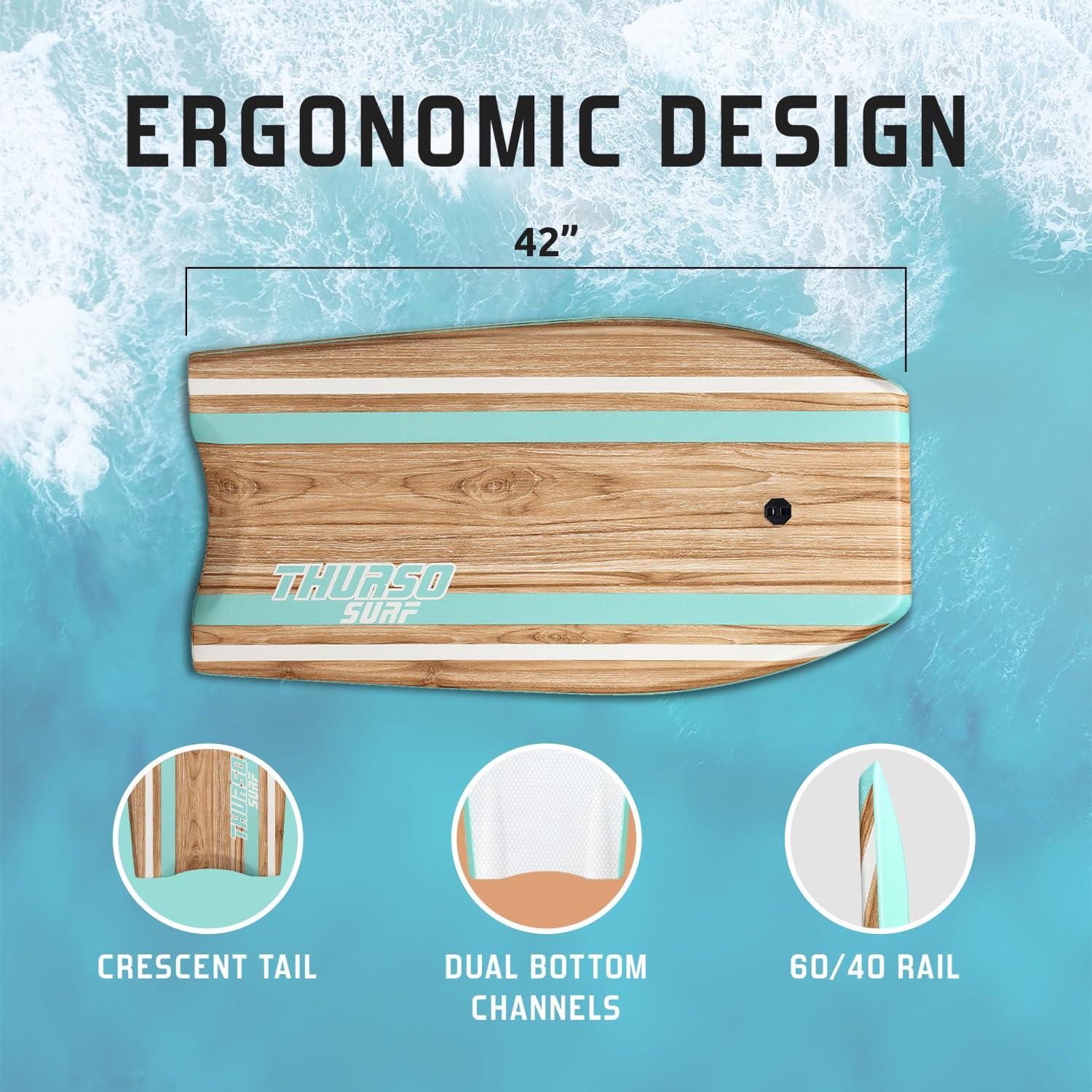Thurso SURF Quill Bodyboard, 106,7 cm, leicht, langlebig, EPS-Core, IXPE-Deck, HDPE, Glatte Unterseite, FRP, Stringer, Halbmondschwanz, zweikanaliges Kunststoffgeflecht mit doppeltem