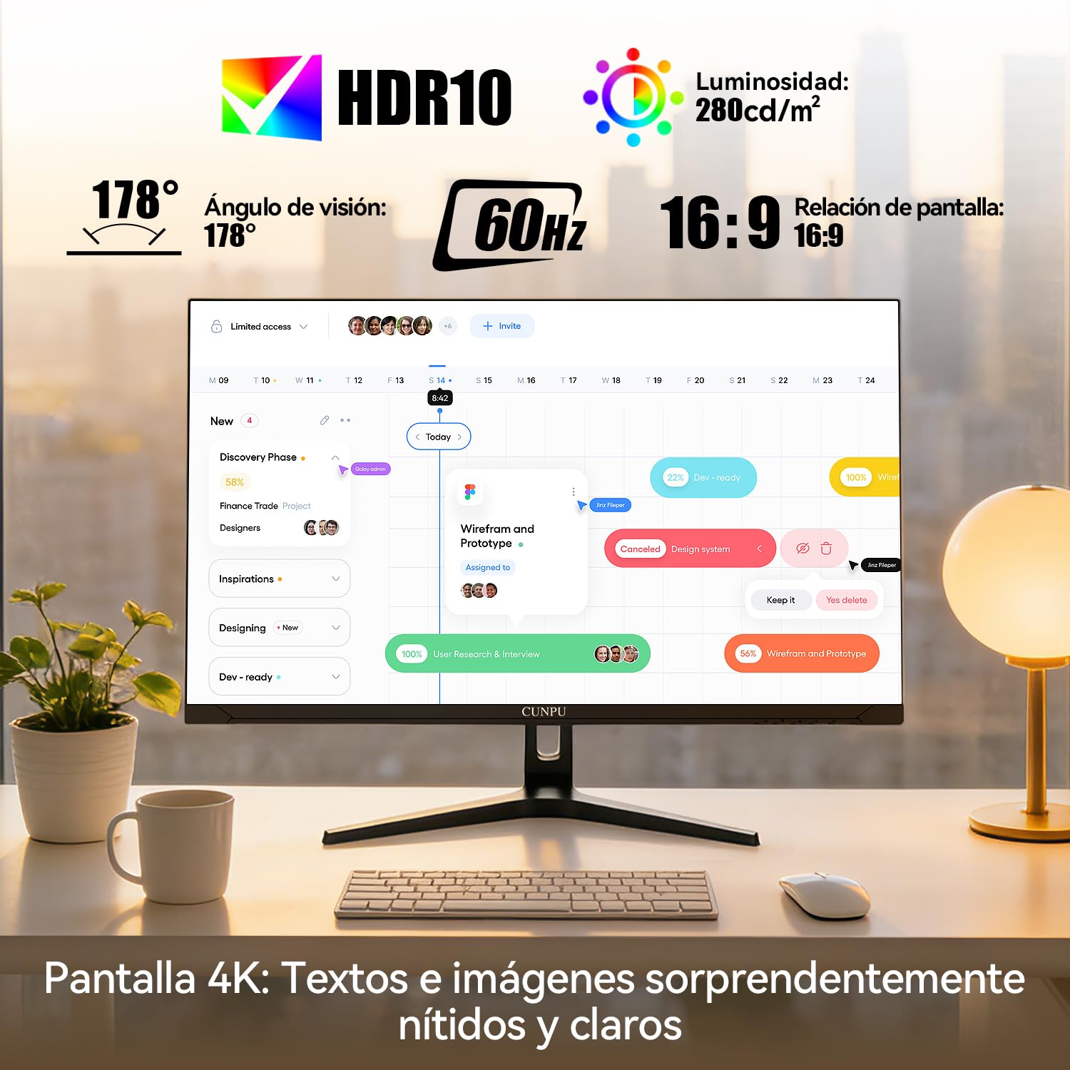 CUNPU Monitor 4K UltraHD 32 Pulgadas, SRGB 100%, Adaptive Sync., 2X HDMI2.0 2X DP1.4, 16:9, VESA(100 * 100mm), HDR10, HDMI/DP, Negro