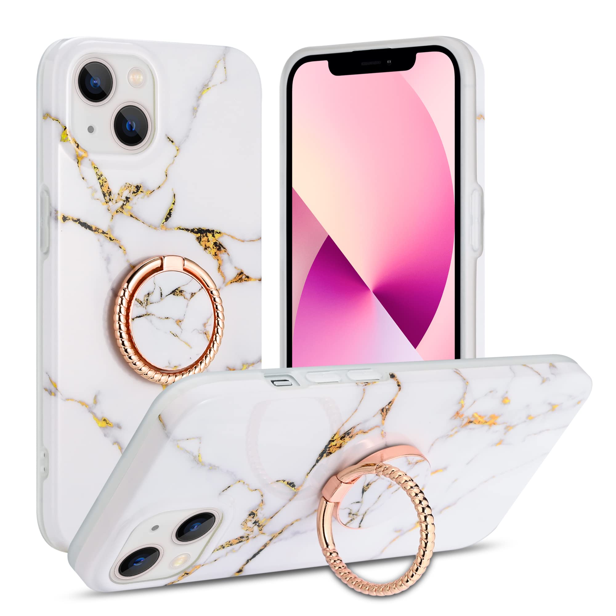 MANLENO Compatible with iPhone 14 Case,iPhone 13 Case with Rotatable Ring Holder Stand Slim Soft Marble Kickstand Phone Case Shockproof Protective Case for iPhone 14/13 6.1" (White)