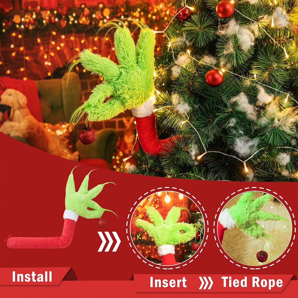 Décorations De Noël Grinch à Bras Et Tête | Set Vert Et Rouge Pour Arbre | Taille Main ~70cm, Tête ~36cm | Ambiance Festive Et Humour