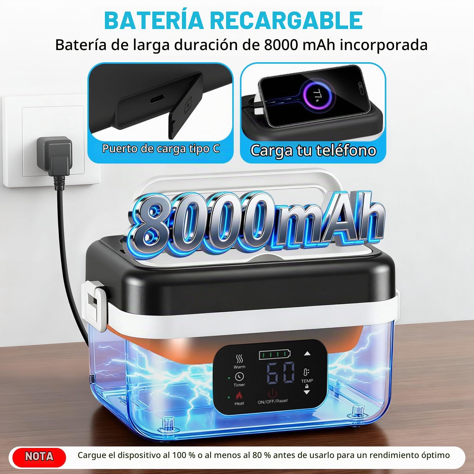 Lonchera eléctrica inalámbrica con temporizador y calefacción ajustable | calentador de alimentos portátil de acero inoxidable, fiambreras con calefacción con bolsa aislada para camión, coche