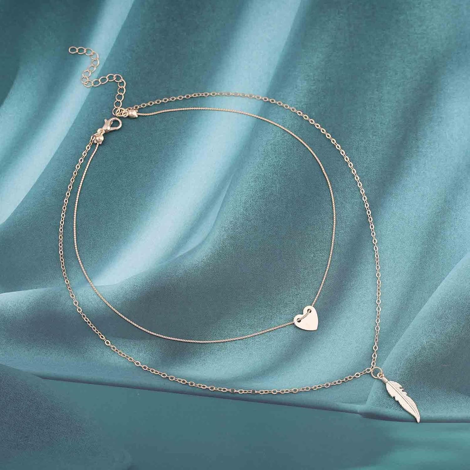 Andelaisi Boho Layered Feather Necklace Vintage Love Heart Choker Necklace Gold Feather Pendant Necklace Adjustable Heart Chain Necklace Jewelry for Women - Image 3