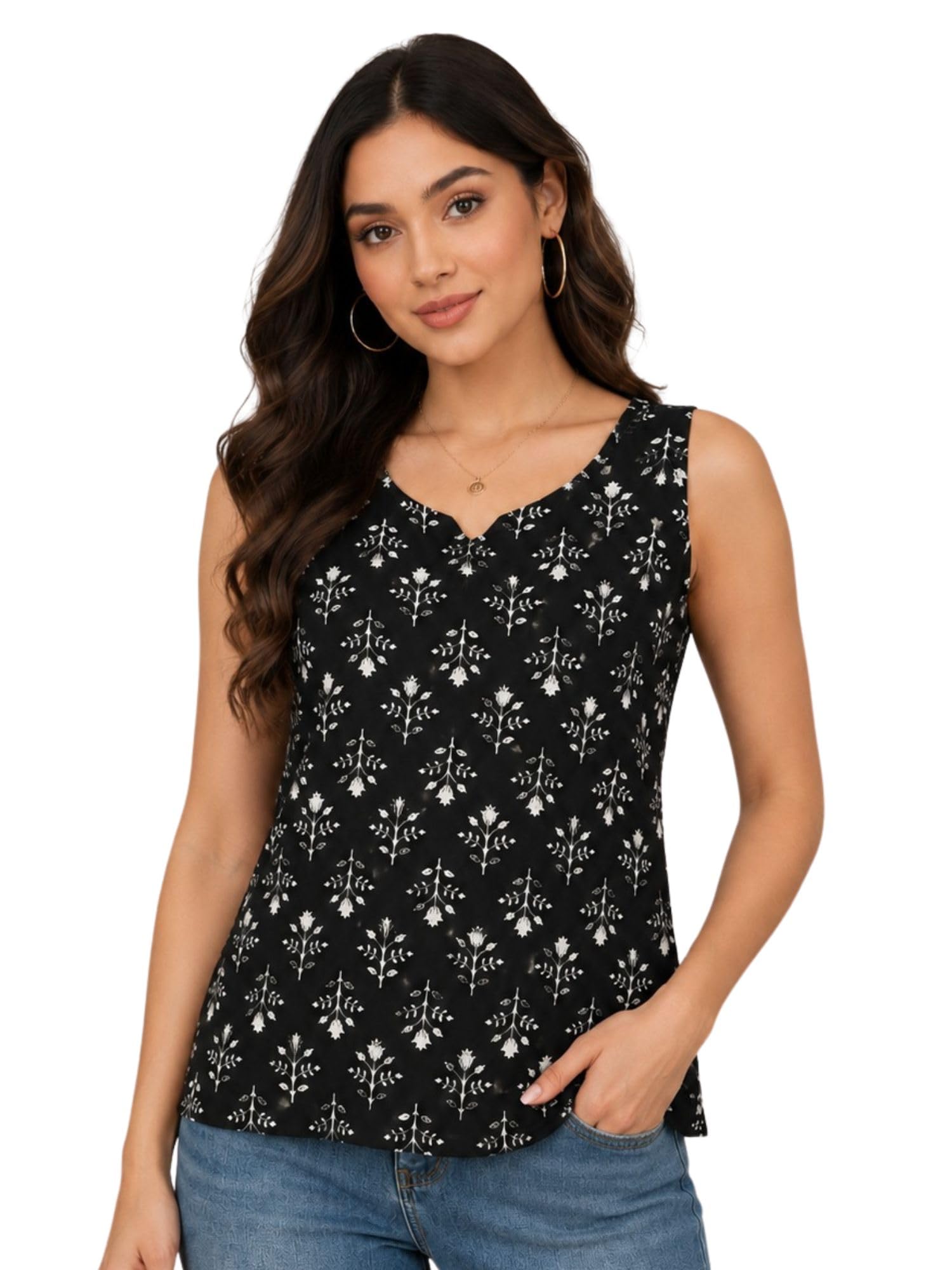Rayon Floral Printed Short Kurti for Women | V Neck Kurti | Sleeveless Tunic Top | Summer Crop top for Women | Straight Kurta for Ladies | Regular Fit Summer Wear |-image-12