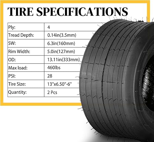 Miniatura 2 de AutoForever 2 neumáticos para cortacésped de jardín de 13 x 6.50-6 4PR sin cámara, aptos para césped, carrito de golf, jardín, cortacésped, tractor,