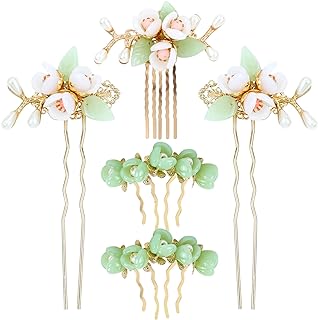 inSowni 5 Pieces Vintage Retro Traditional Asian Chinese Hanfu Pearl Green Jade Flower Hair Side Combs Slides Metal Hair Pins Sticks Chopsticks Bun Updo Holders Hair Accessories for Women Girls