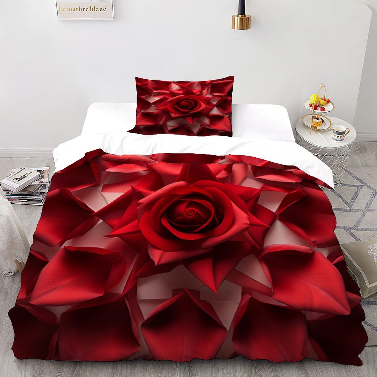 Housse de couette red flower 135x200 cm avec taie d'oreiller en microfibre pour lit single