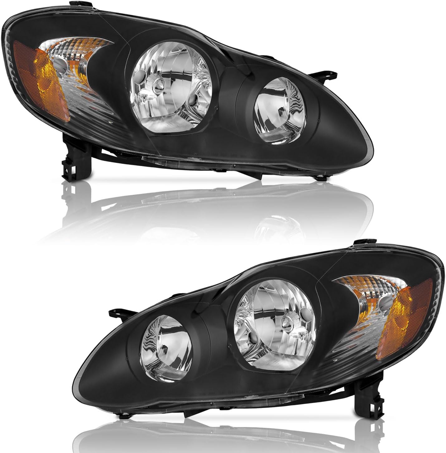 for 03-08 Toyota Corolla Headlights Assembly, Headlamp Replacement Headlight Assemblies Black Housing Amber Reflector Left+Right Pair Set