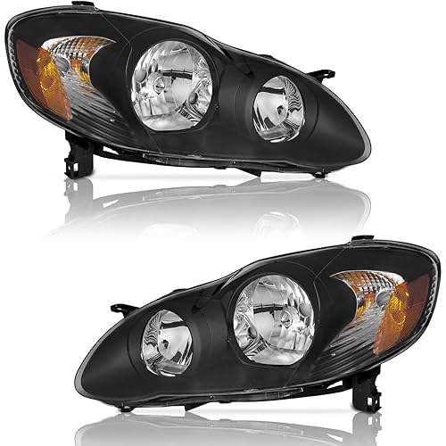 for 2003-2008 Toyota Corolla Headlights Assembly, Headlamp Replacement Headlight Assemblies Black Housing Amber Reflector Left+Right Pair Set