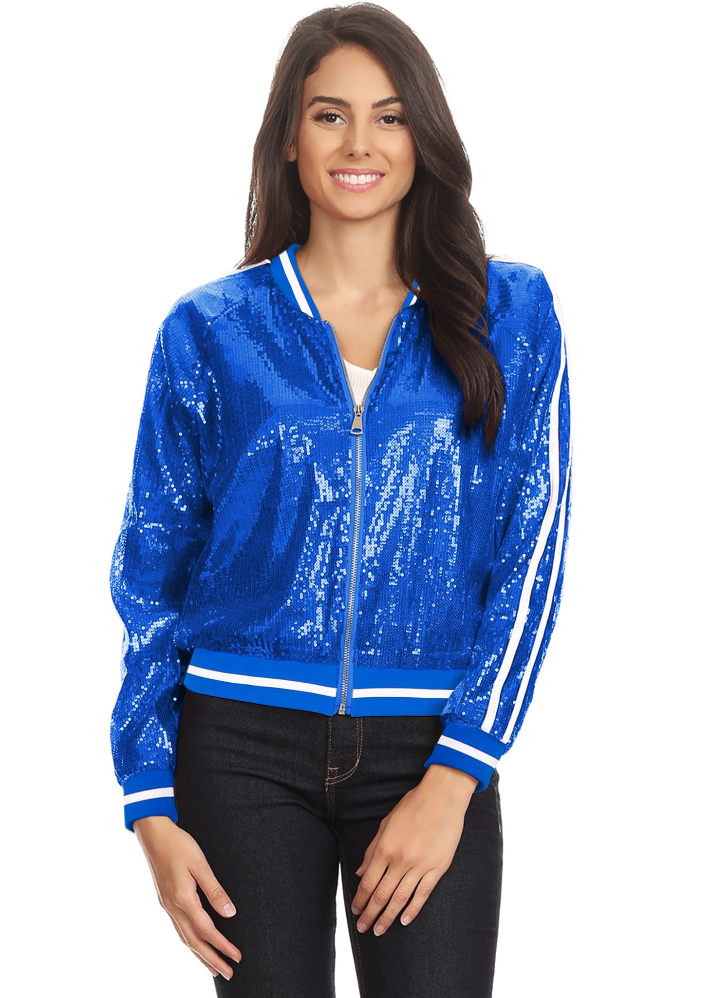 anna-kaci Womens Long Sleeve Front Zip Track Stripe Sequin Bomber Jacket-picture-28
