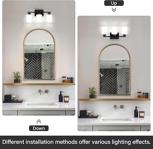 Miniatura 4 de Lámparas de baño color negro, lámpara de tocador moderna de 3 luces sobre espejo, apliques de pared con pantallas de vidrio esmerilado blanco