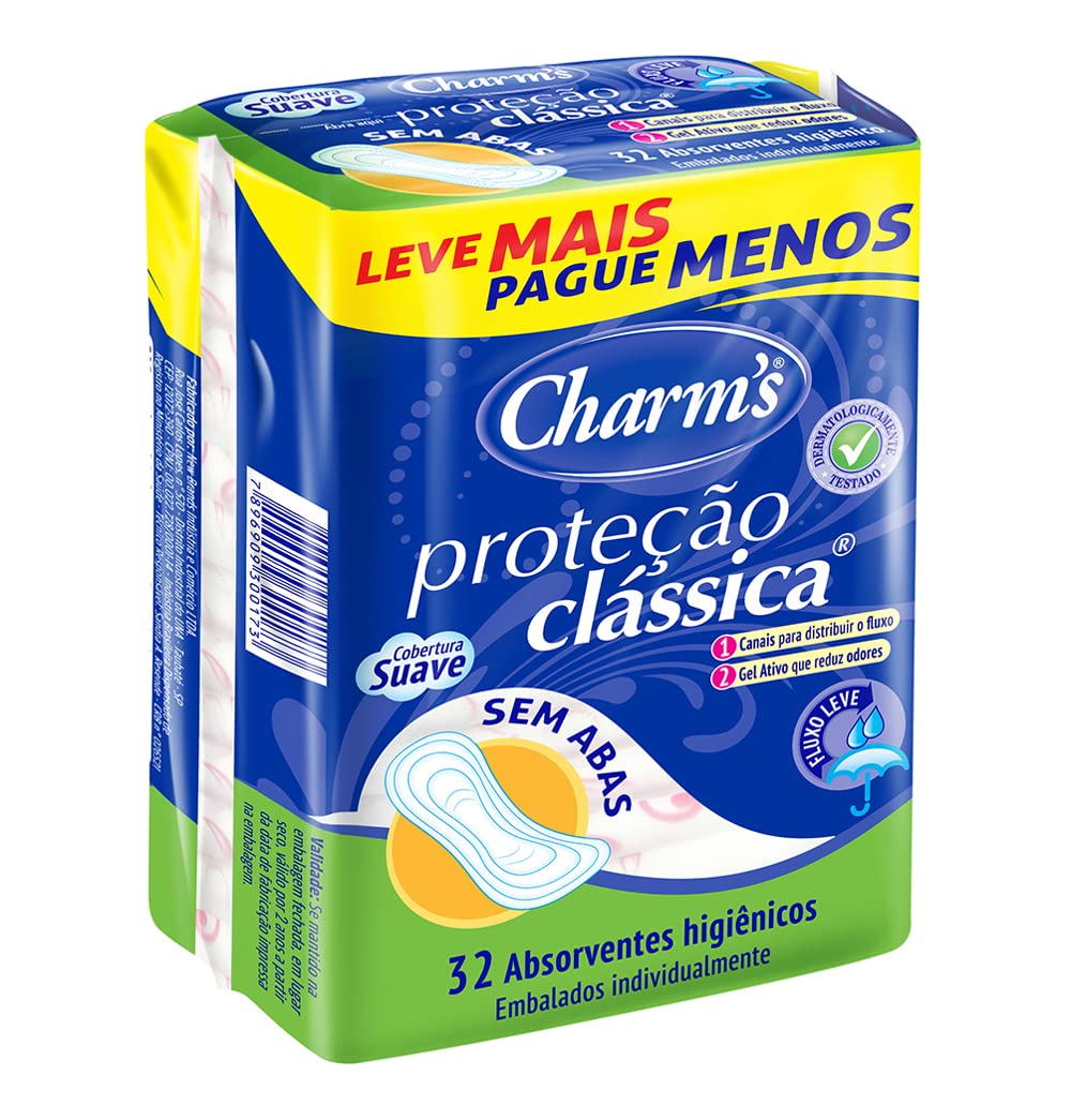 Absorvente Feminino Proteção Clássica Fluxo Leve sem Abas, Charm's